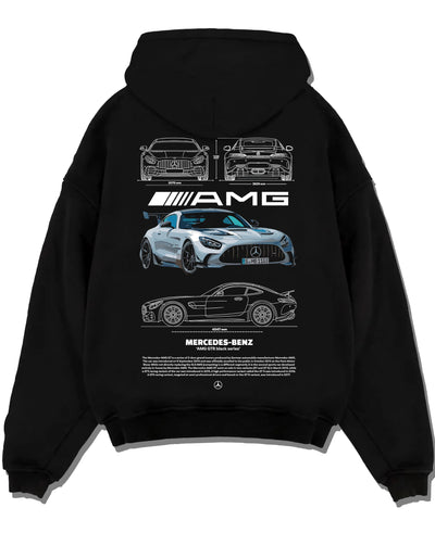 Black pullover hoodie laid flat on a white background, featuring Mercedes-Benz AMG rs racing motorsport street performance merc9.