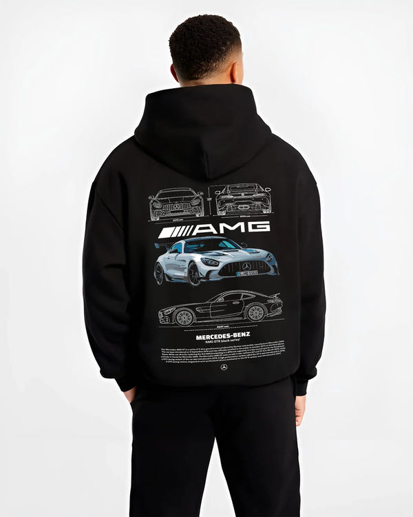 Black hoodie worn by a male model, back view, featuring Mercedes-Benz AMG rs racing motorsport street performance merc9.