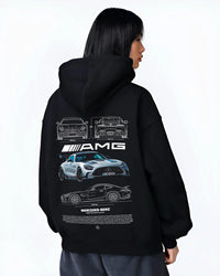 Black hoodie worn by a female model, back view, featuring Mercedes-Benz AMG rs racing motorsport street performance merc9.