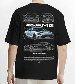 Black T-shirt worn by a male model, back view, featuring Mercedes-Benz AMG rs racing motorsport street performance merc9.