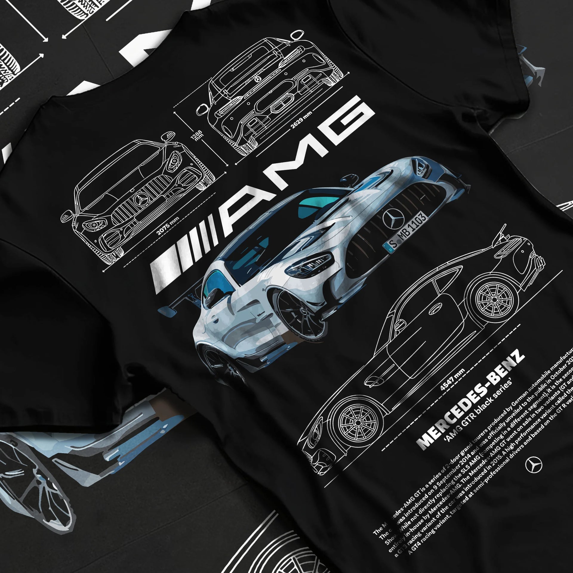 Black T-shirt laid flat with natural fabric folds, featuring Mercedes-Benz AMG rs racing motorsport street performance merc9.