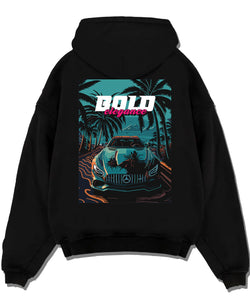 Black pullover hoodie laid flat on a white background, featuring Mercedes-Benz street retro racing performance motorsport graphic.