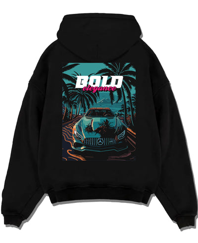 Black pullover hoodie laid flat on a white background, featuring Mercedes-Benz street retro racing performance motorsport graphic.