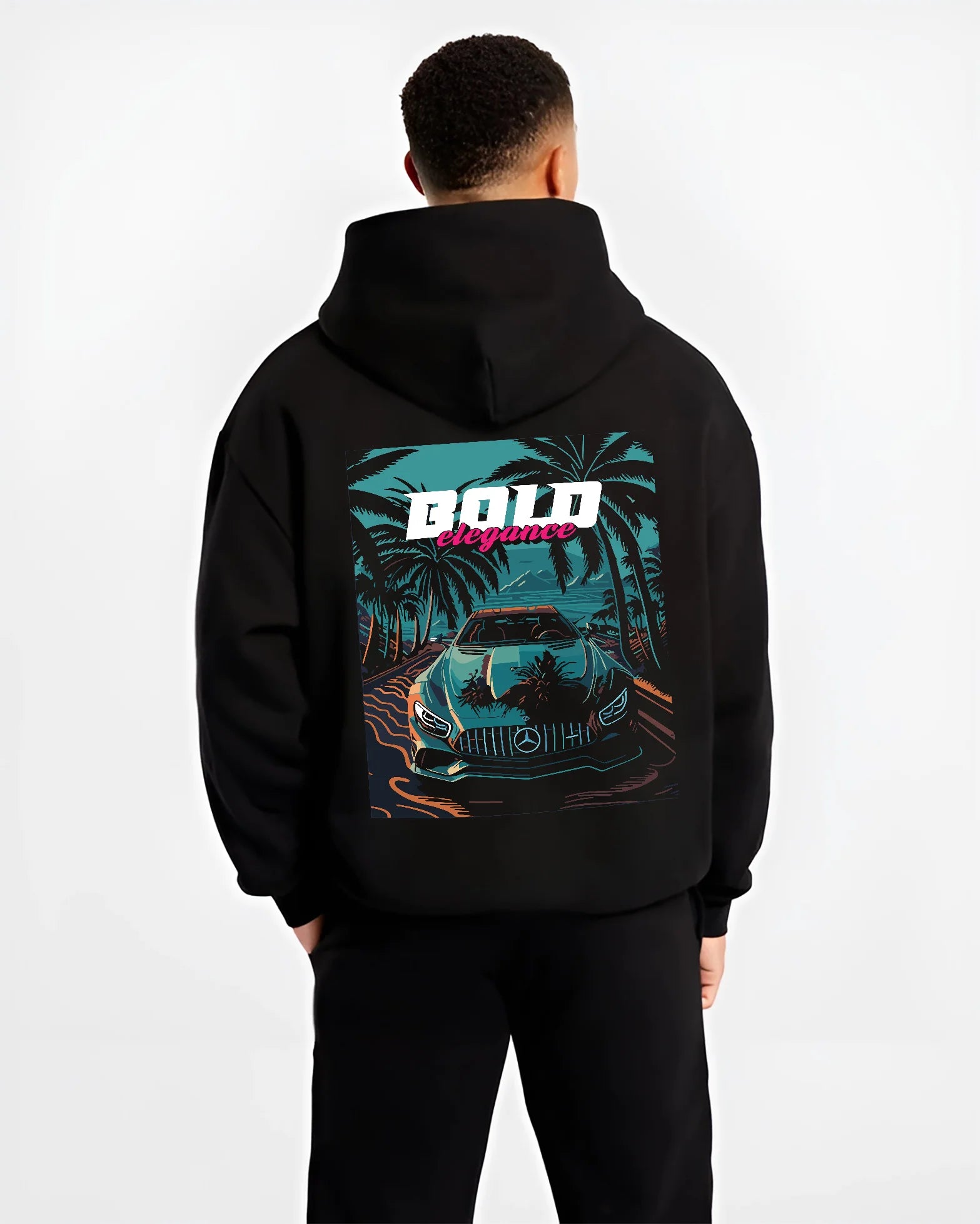 Black hoodie worn by a male model, back view, featuring Mercedes-Benz street retro racing performance motorsport automotive graphic.