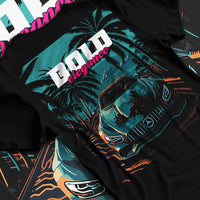 Black T-shirt laid flat with natural fabric folds, featuring Mercedes-Benz street retro racing performance motorsport graphic.