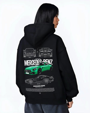 Black hoodie worn by a female model, back view, featuring Mercedes-Benz AMG rs racing motorsport street performance mergt6.