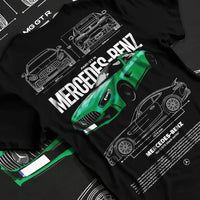 Black T-shirt laid flat with natural fabric folds, featuring Mercedes-Benz AMG rs racing motorsport street performance mergt6.