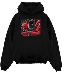 Black pullover hoodie laid flat on a white background, featuring street retro racing performance motorsport automotive miami1.