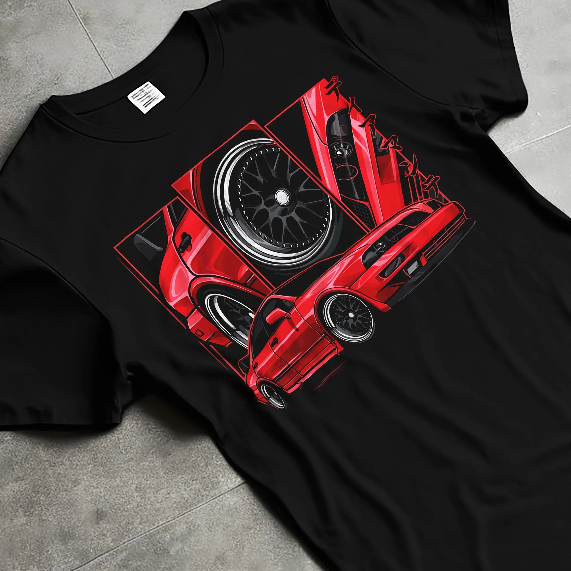 Black T-shirt laid flat with natural fabric folds, featuring street retro racing performance motorsport automotive miami1.