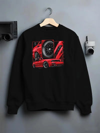 Black crewneck sweatshirt on a hanger against a grey wall, featuring street retro racing performance motorsport automotive miami1.