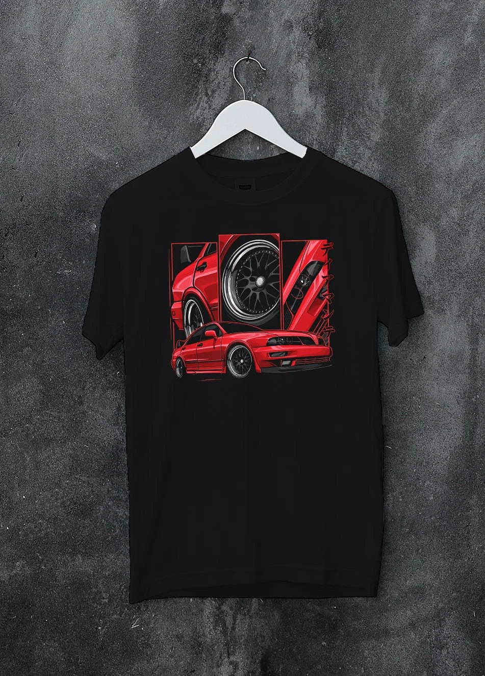 Black crewneck T-shirt on a hanger against a grey wall, featuring street retro racing performance motorsport automotive graphic.