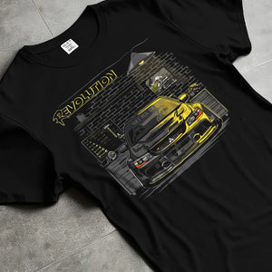 Black T-shirt laid flat with natural fabric folds, featuring SKYLINE street retro racing performance motorsport automotive graphic.