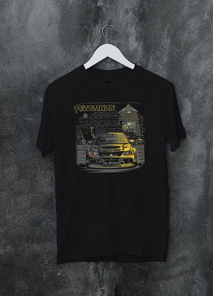 Black crewneck T-shirt on a hanger against a grey wall, featuring SKYLINE street retro racing performance motorsport graphic.