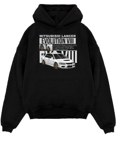 Black pullover hoodie laid flat on a white background, featuring street retro vintage racing performance motorsport graphic.