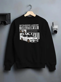 Black crewneck sweatshirt on a hanger against a grey wall, featuring street retro vintage racing performance motorsport graphic.