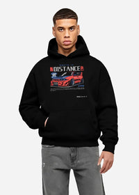 Black hoodie worn by a male model, front view, featuring Mitsubishi EVO turbo racing drift jdm japanese street graphic.