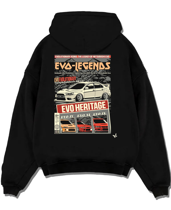 Black pullover hoodie laid flat on a white background, featuring Mitsubishi EVO turbo racing drift jdm japanese tuner graphic.
