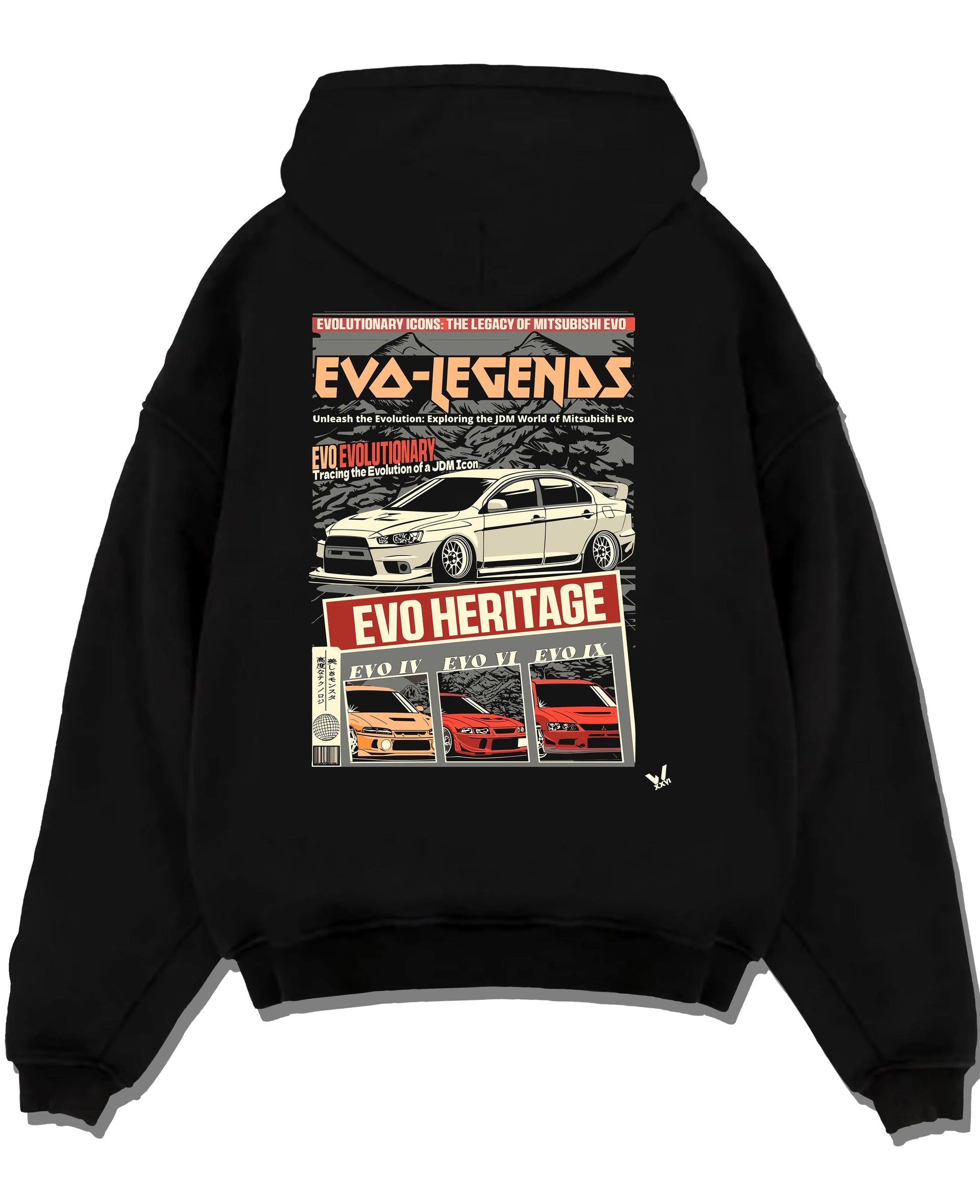 Black pullover hoodie laid flat on a white background, featuring Mitsubishi EVO turbo racing drift jdm japanese tuner graphic.