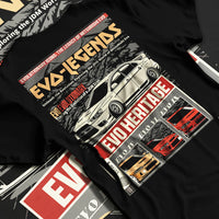 Black T-shirt laid flat with natural fabric folds, featuring Mitsubishi EVO turbo racing drift jdm japanese tuner street graphic.