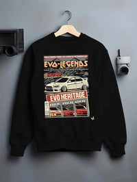 Black crewneck sweatshirt on a hanger against a grey wall, featuring Mitsubishi EVO turbo racing drift jdm japanese tuner graphic.