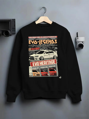 Black crewneck sweatshirt on a hanger against a grey wall, featuring Mitsubishi EVO turbo racing drift jdm japanese tuner graphic.