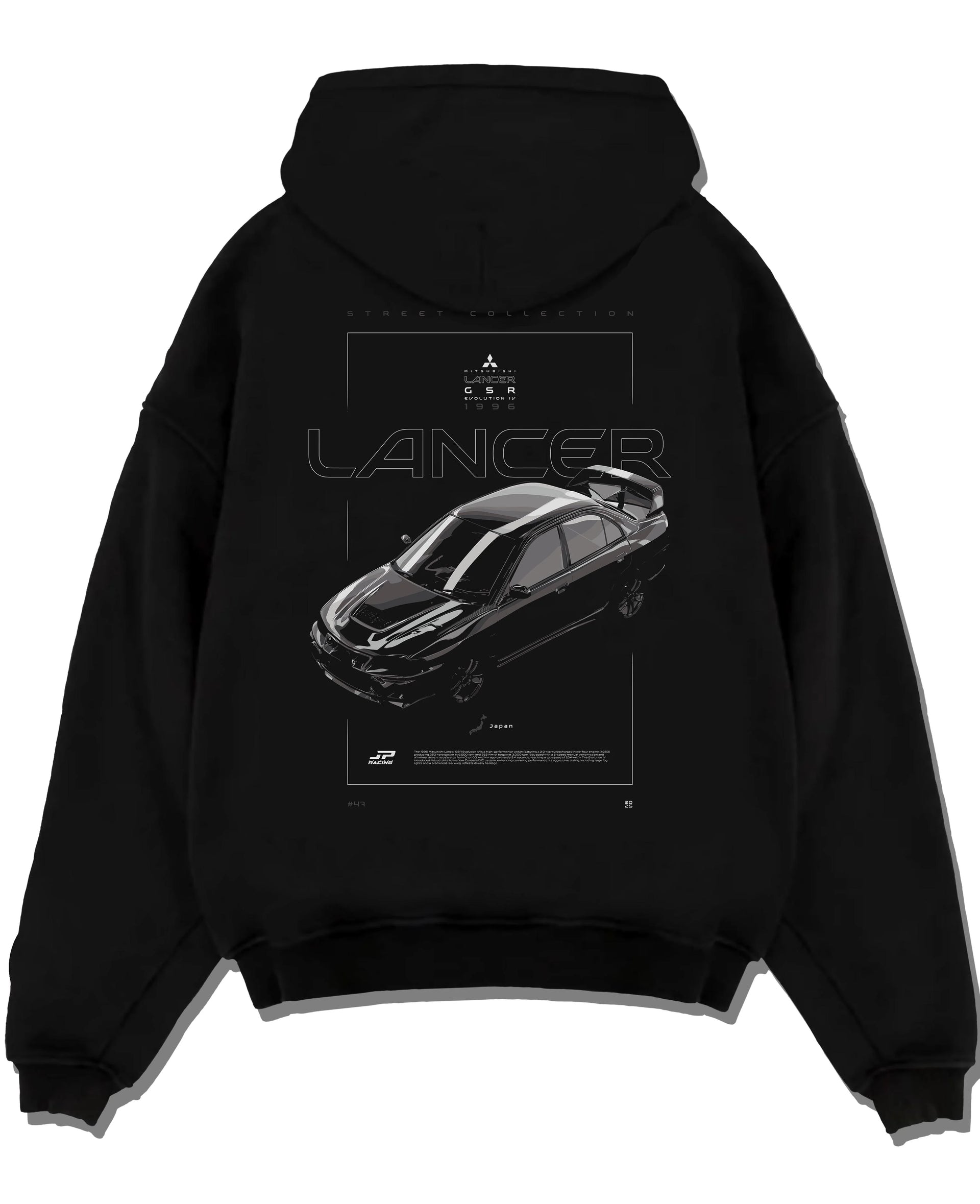Black pullover hoodie laid flat on a white background, featuring Mitsubishi Lancer evo turbo racing drift jdm japanese graphic.