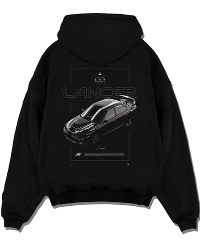 Black pullover hoodie laid flat on a white background, featuring Mitsubishi Lancer evo turbo racing drift jdm japanese graphic.