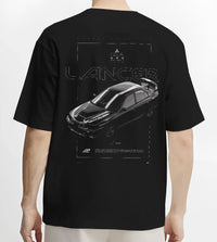 Black T-shirt worn by a male model, back view, featuring Mitsubishi Lancer evo turbo racing drift jdm japanese street graphic.