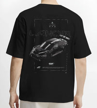 Black T-shirt worn by a male model, back view, featuring Mitsubishi EVO turbo turbocharged racing drift jdm japanese tuner graphic.