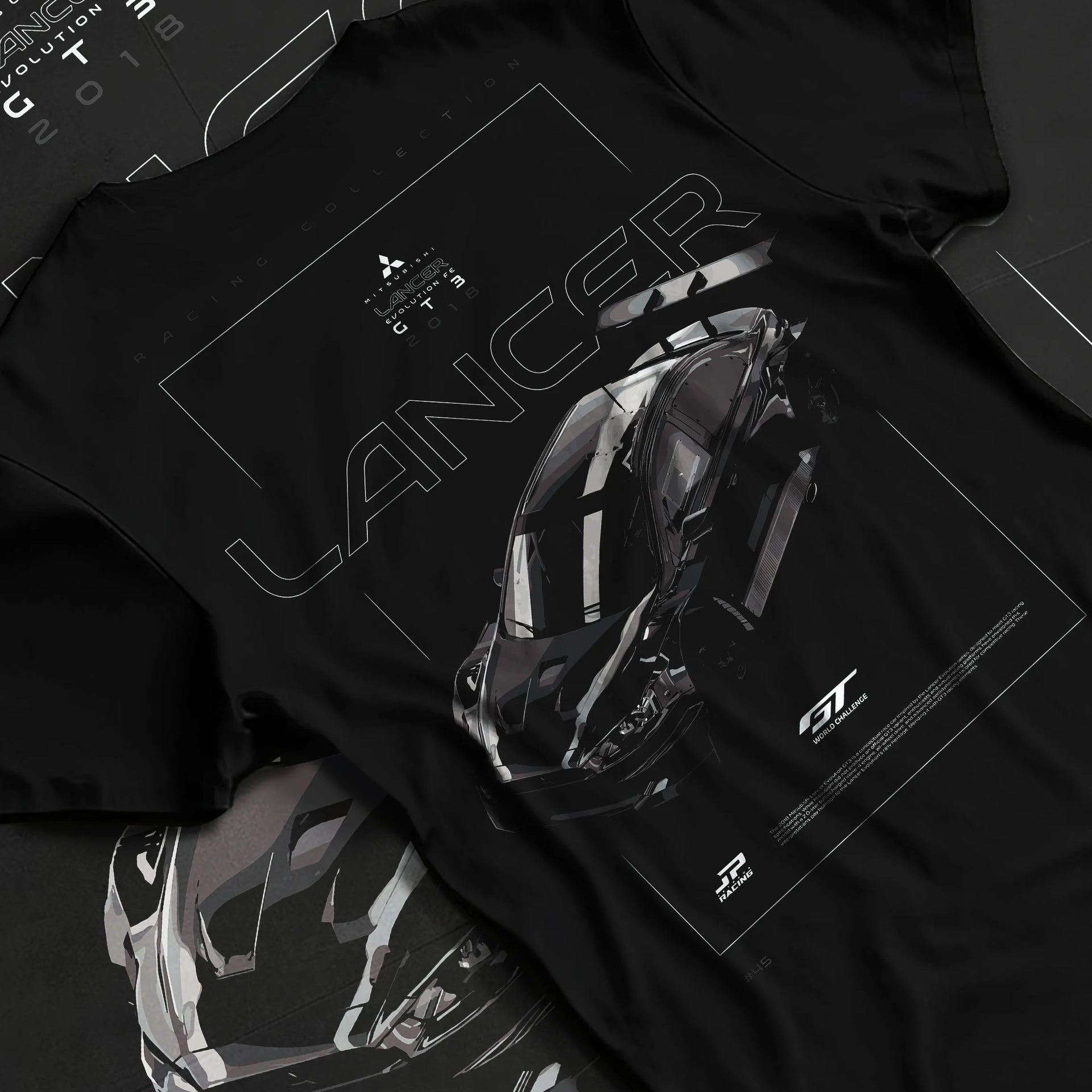 Black T-shirt laid flat with natural fabric folds, featuring Mitsubishi EVO turbo turbocharged racing drift jdm japanese graphic.