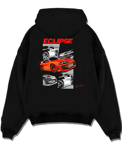 Black pullover hoodie laid flat on a white background, featuring Mitsubishi Lancer turbo racing drift track jdm street graphic.