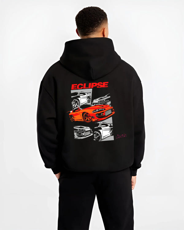 Black hoodie worn by a male model, back view, featuring Mitsubishi Lancer turbo racing drift track jdm street graphic.