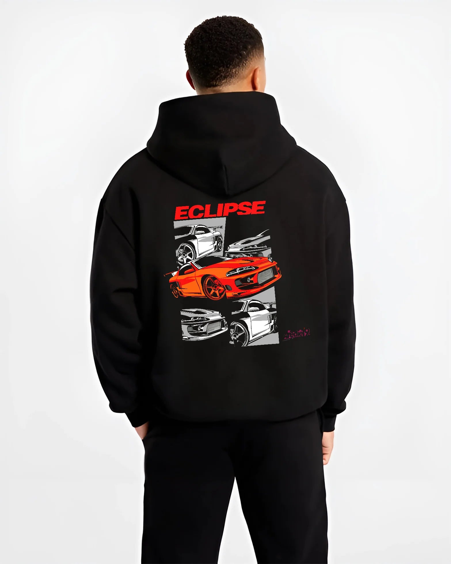 Black hoodie worn by a male model, back view, featuring Mitsubishi Lancer turbo racing drift track jdm street graphic.