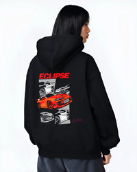 Black hoodie worn by a female model, back view, featuring Mitsubishi Lancer turbo racing drift track jdm street graphic.