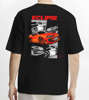 Black T-shirt worn by a male model, back view, featuring Mitsubishi Lancer turbo racing drift track jdm street graphic.