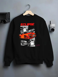 Black crewneck sweatshirt on a hanger against a grey wall, featuring Mitsubishi Lancer turbo racing drift track jdm street graphic.