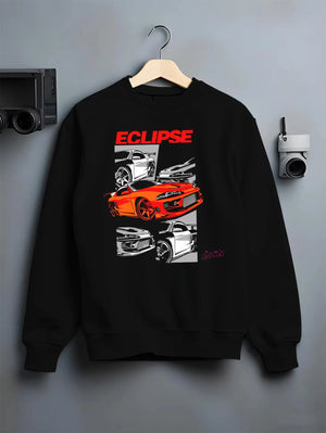 Black crewneck sweatshirt on a hanger against a grey wall, featuring Mitsubishi Lancer turbo racing drift track jdm street graphic.