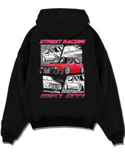 Black pullover hoodie laid flat on a white background, featuring Volkswagen Gti racing tuning street retro enthusiast graphic.