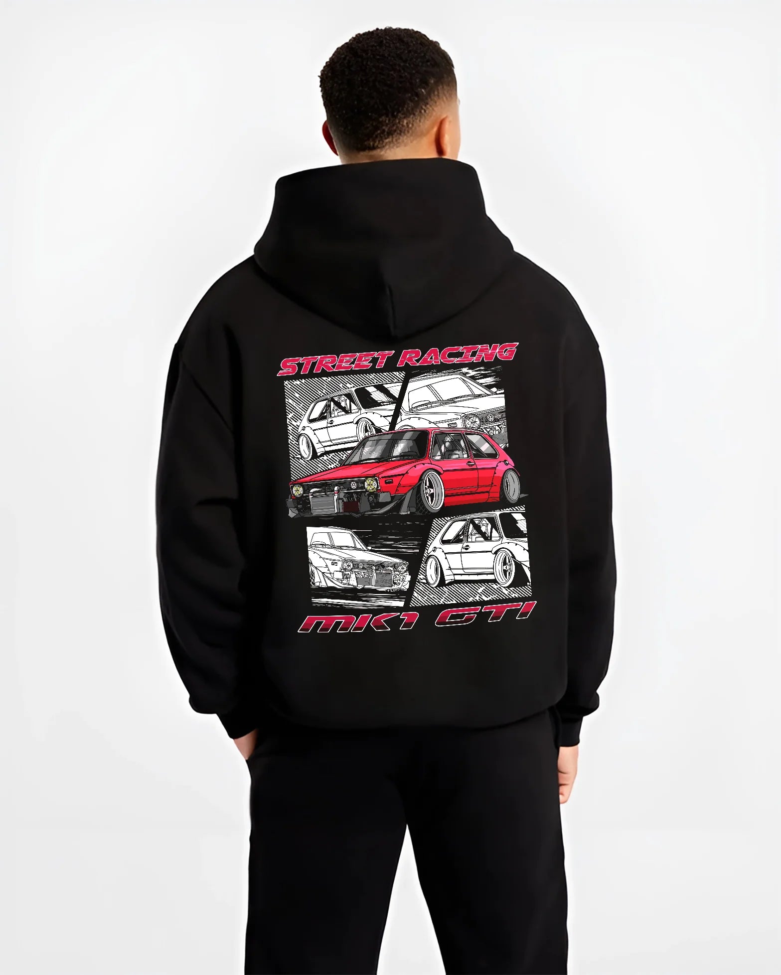 Black hoodie worn by a male model, back view, featuring Volkswagen Gti racing tuning street retro enthusiast performance graphic.