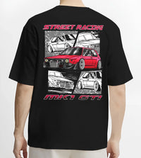 Black T-shirt worn by a male model, back view, featuring Volkswagen Gti racing tuning street retro enthusiast performance graphic.