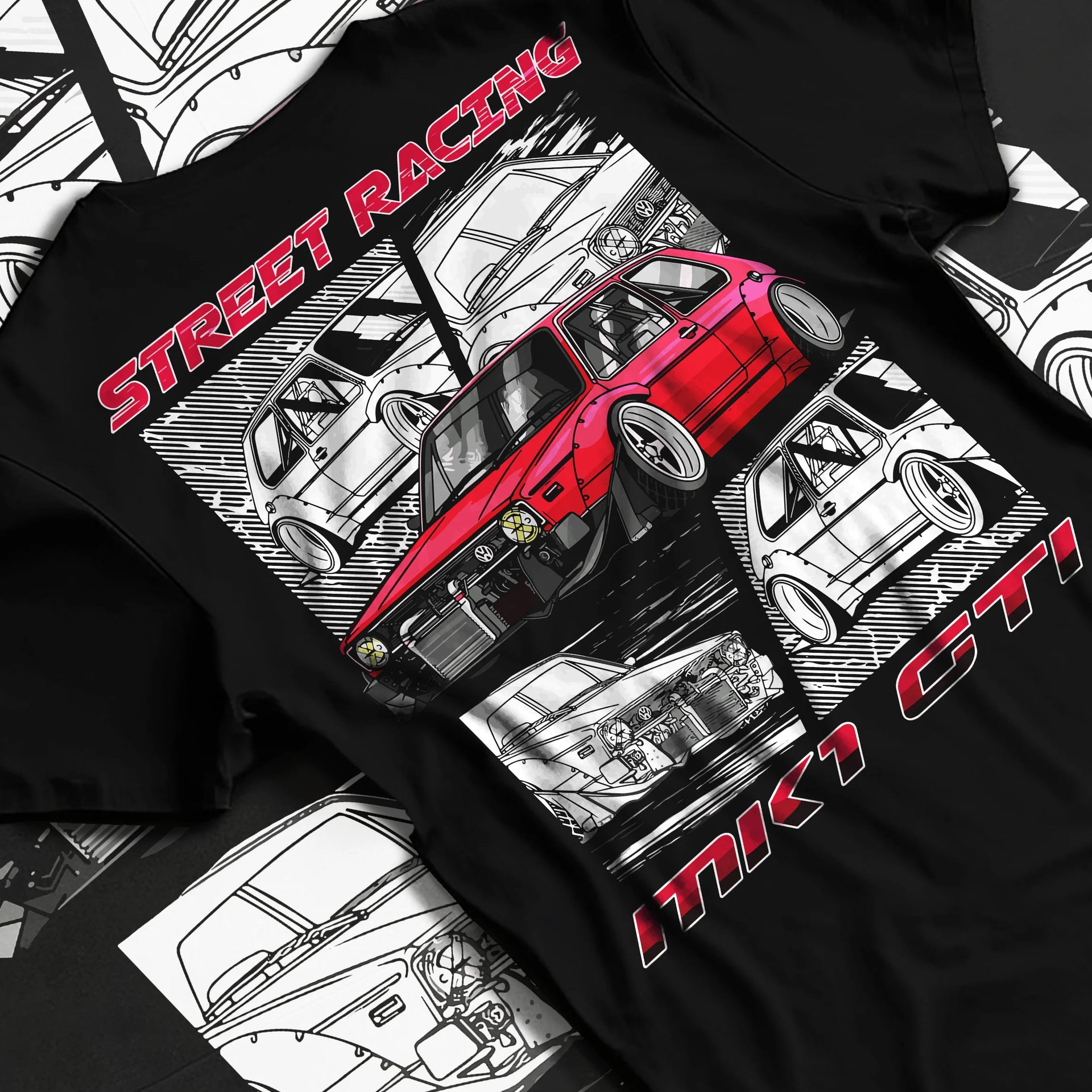 Black T-shirt laid flat with natural fabric folds, featuring Volkswagen Gti racing tuning street retro enthusiast graphic.