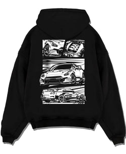Black pullover hoodie laid flat on a white background, featuring Nissan GT-R gt r racing drift jdm japanese street graphic.