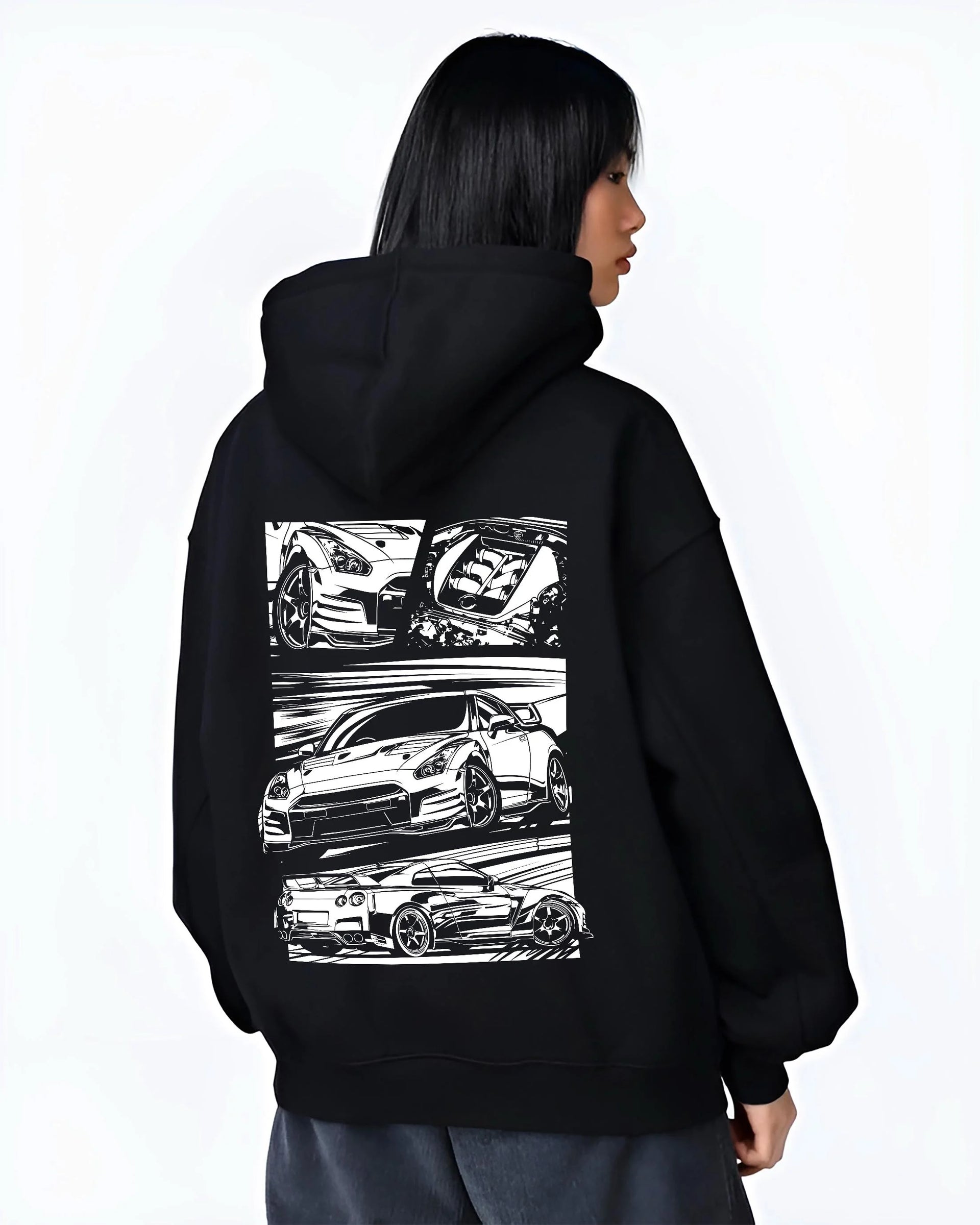 Black hoodie worn by a female model, back view, featuring Nissan GT-R gt r racing drift jdm japanese street graphic.