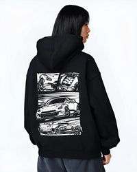 Black hoodie worn by a female model, back view, featuring Nissan GT-R gt r racing drift jdm japanese street graphic.
