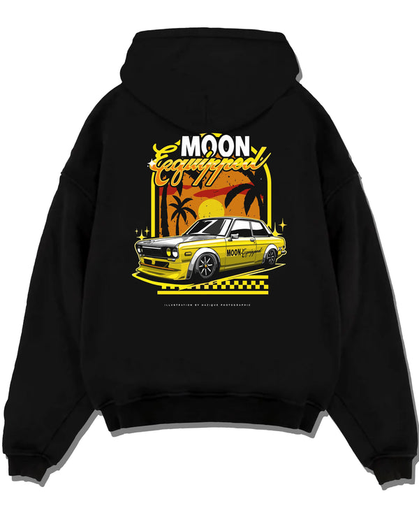 Black pullover hoodie laid flat on a white background, featuring jdm japanese retro vintage racing street performance graphic.