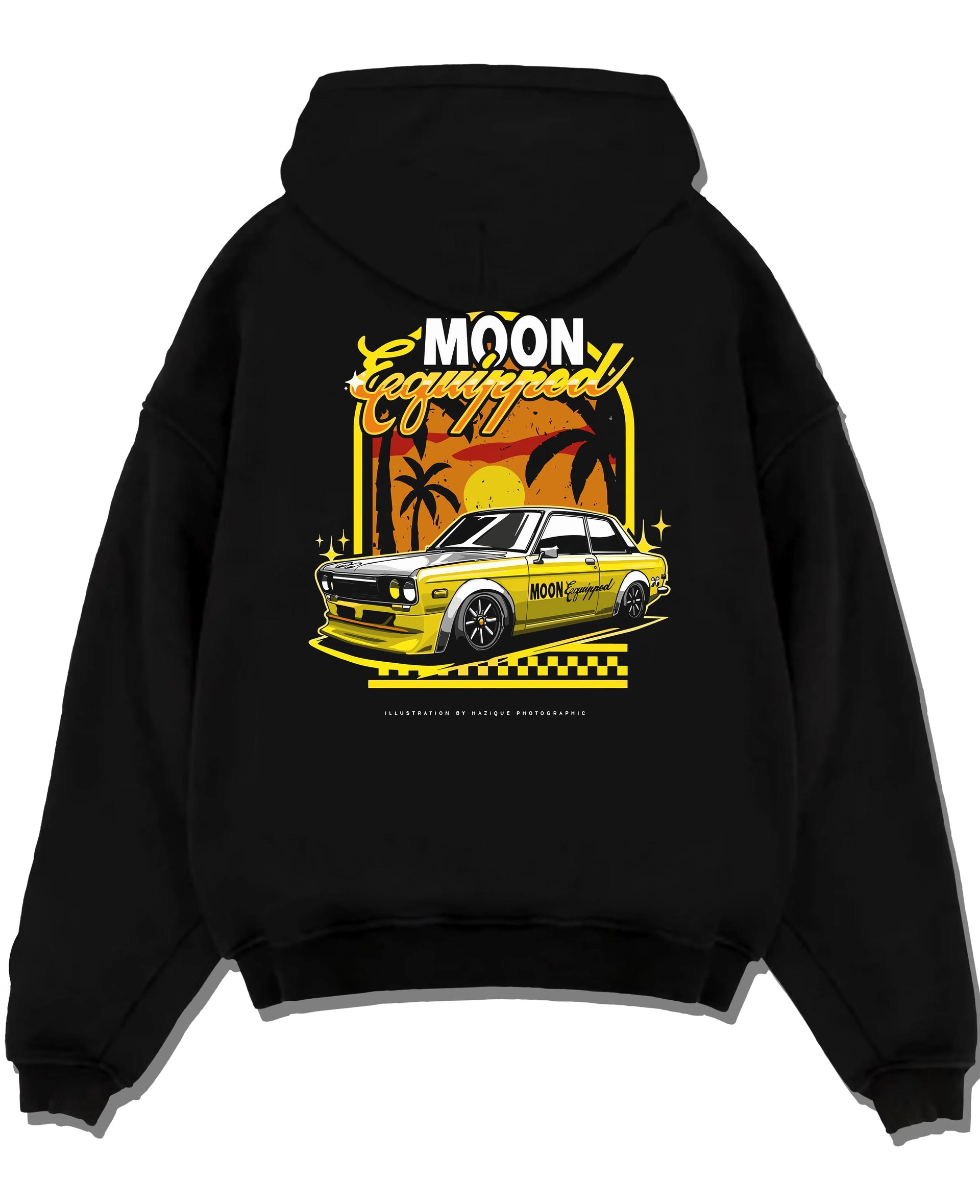 Black pullover hoodie laid flat on a white background, featuring jdm japanese retro vintage racing street performance graphic.