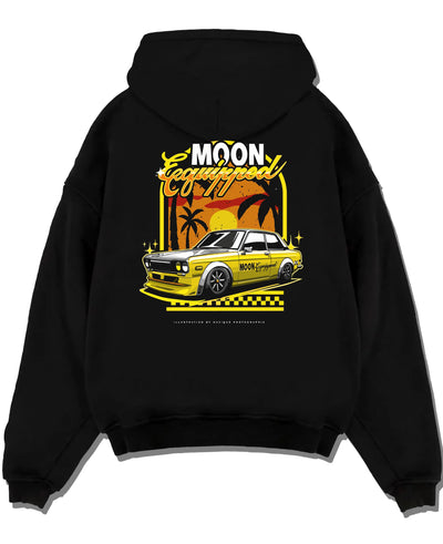 Black pullover hoodie laid flat on a white background, featuring jdm japanese retro vintage racing street performance graphic.