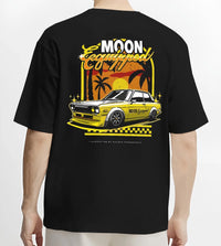 Black T-shirt worn by a male model, back view, featuring jdm japanese retro vintage racing street performance motorsport graphic.