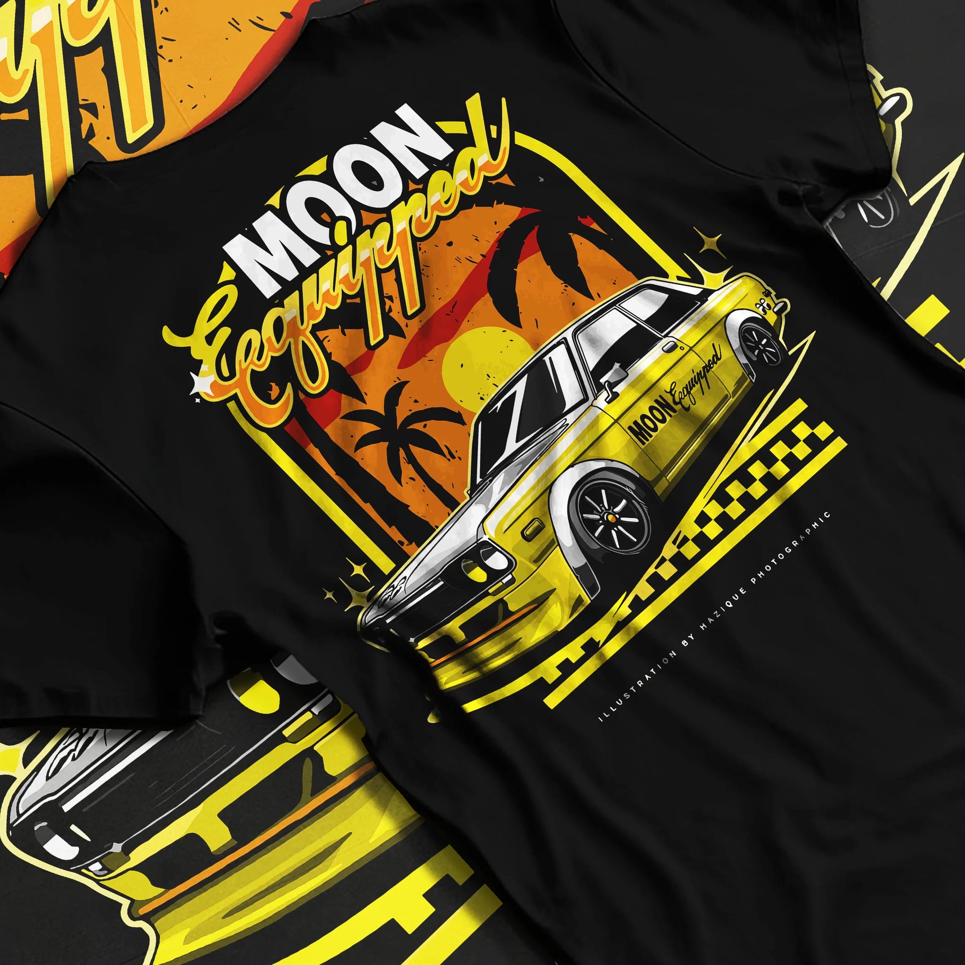 Black T-shirt laid flat with natural fabric folds, featuring jdm japanese retro vintage racing street performance graphic.