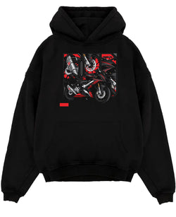Black pullover hoodie laid flat on a white background, featuring rs speed enthusiast racing street performance motorsport graphic.